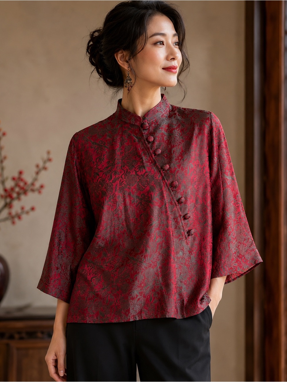 Vintage Norm Thompson Red Silk Blend Mandarin Jacket Top Asian Brocade M